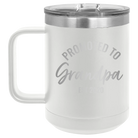 Personalized white 15 oz vacuum insulated coffee mug with 'Promoted to Grandpa' design