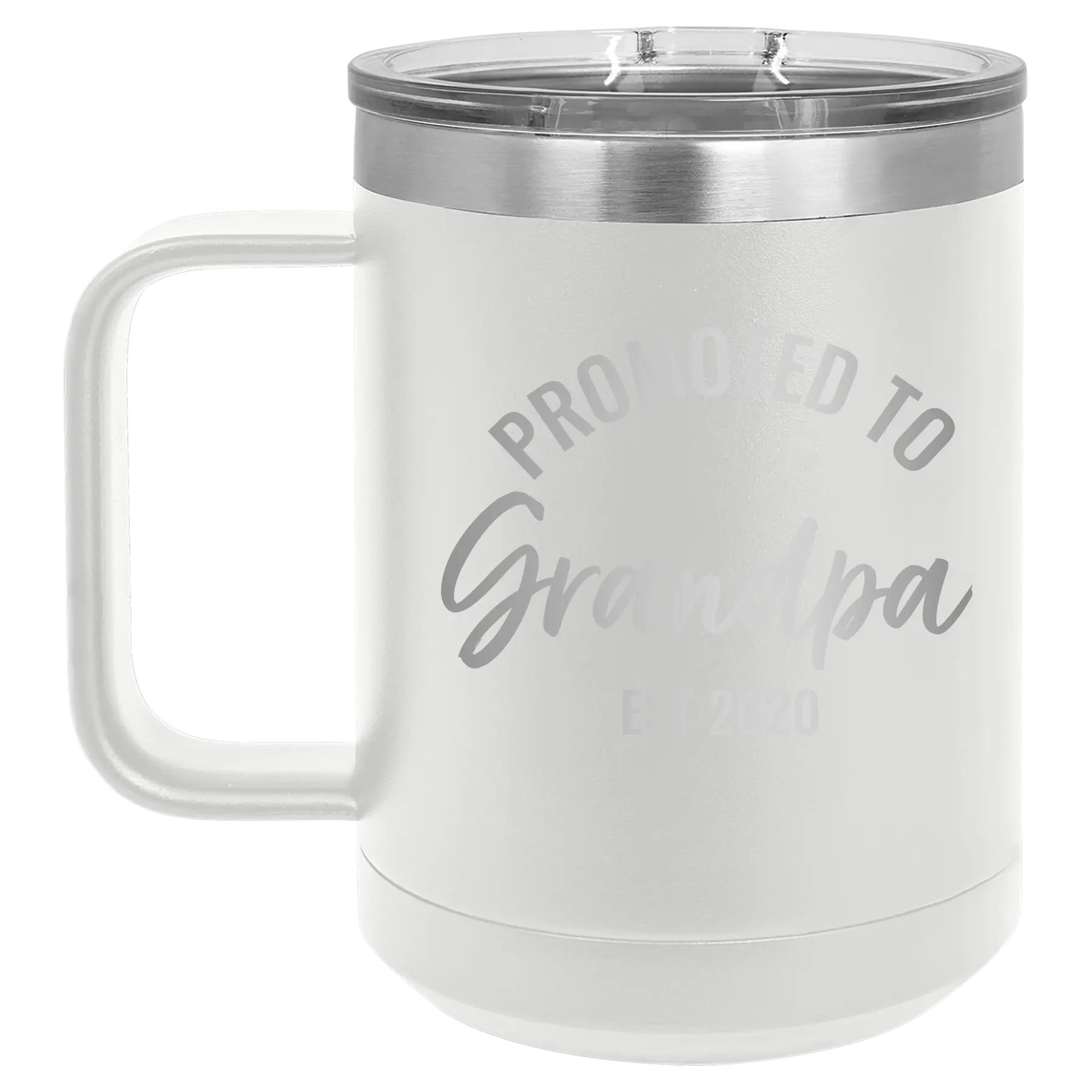 Personalized white 15 oz vacuum insulated coffee mug with 'Promoted to Grandpa' design