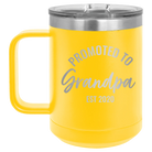 Personalized yellow 15 oz vacuum insulated coffee mug with 'Promoted to Grandpa' design