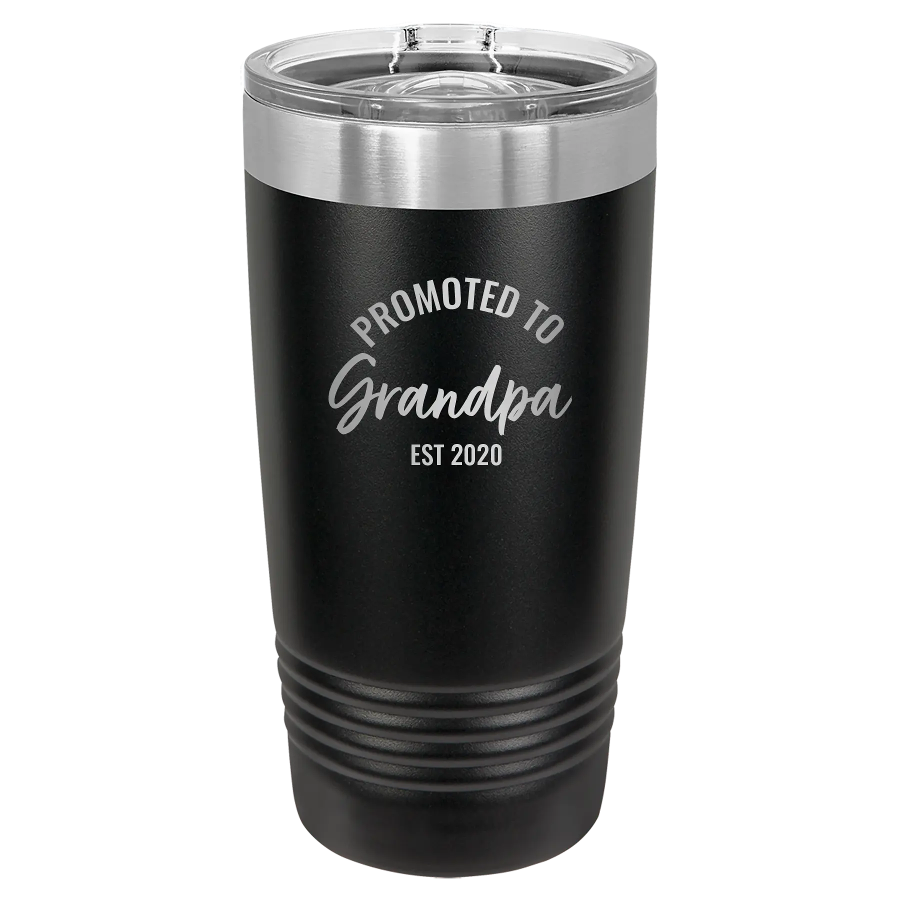 Personalized black 20 oz vacuum insulated tumbler with 'Promoted to Grandpa' design