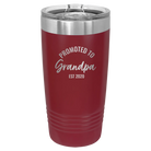 Personalized maroon 20 oz vacuum insulated tumbler with 'Promoted to Grandpa' design