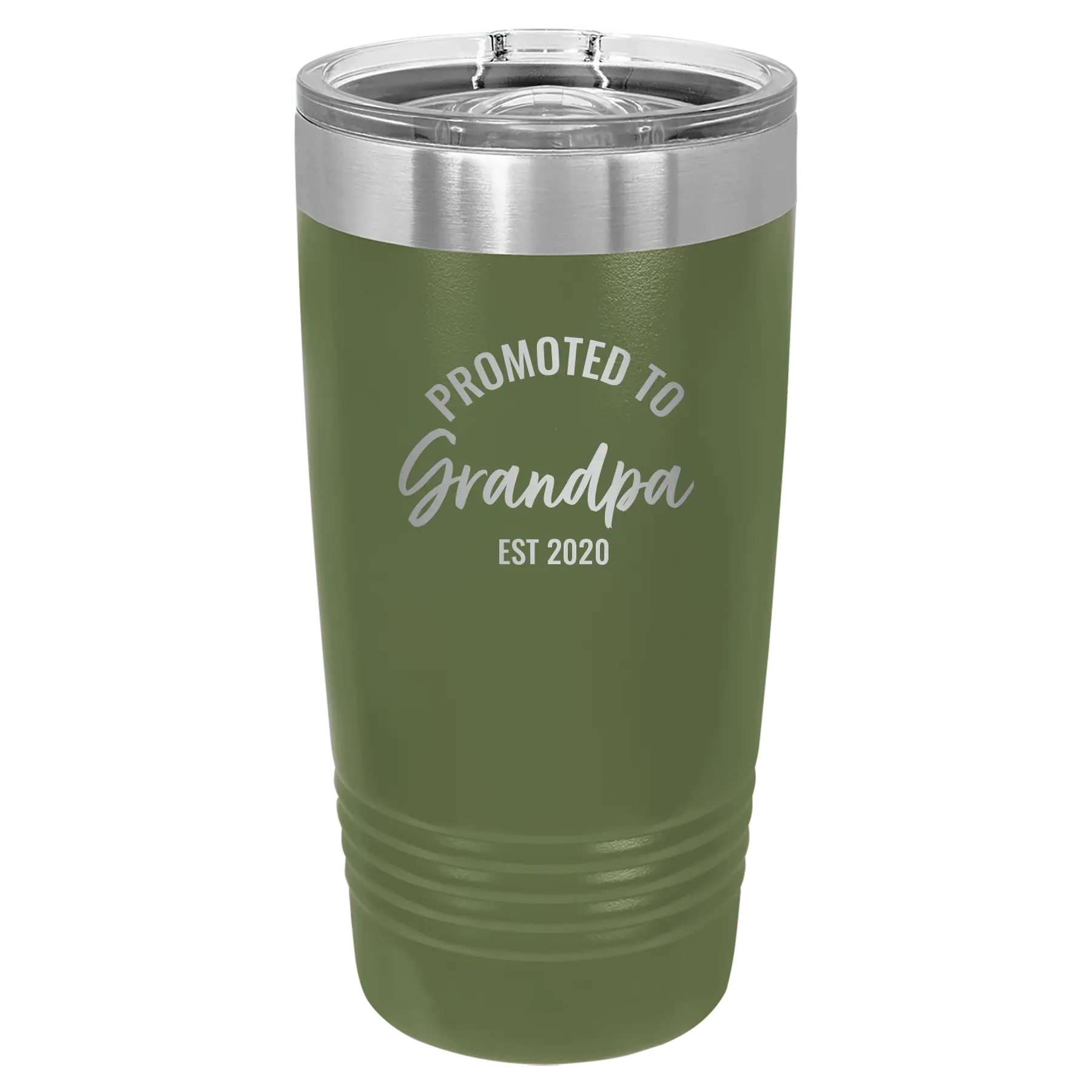 Personalized olive green 20 oz vacuum insulated tumbler with 'Promoted to Grandpa' design