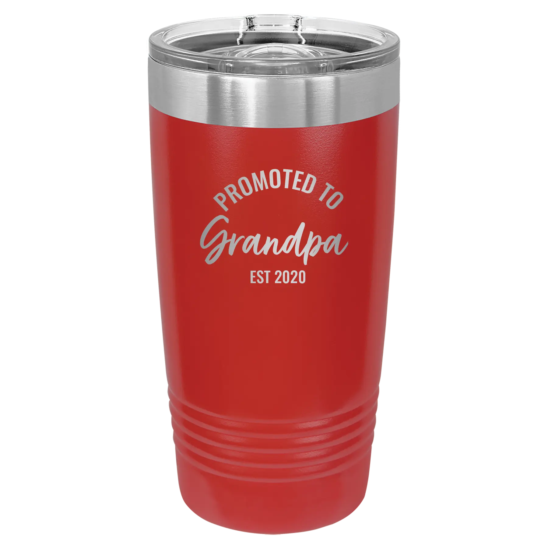 Personalized red 20 oz vacuum insulated tumbler with 'Promoted to Grandpa' design