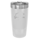 Personalized white 20 oz vacuum insulated tumbler with 'Promoted to Grandpa' design