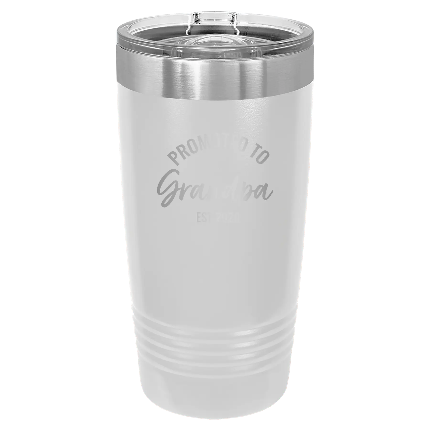 Personalized white 20 oz vacuum insulated tumbler with 'Promoted to Grandpa' design