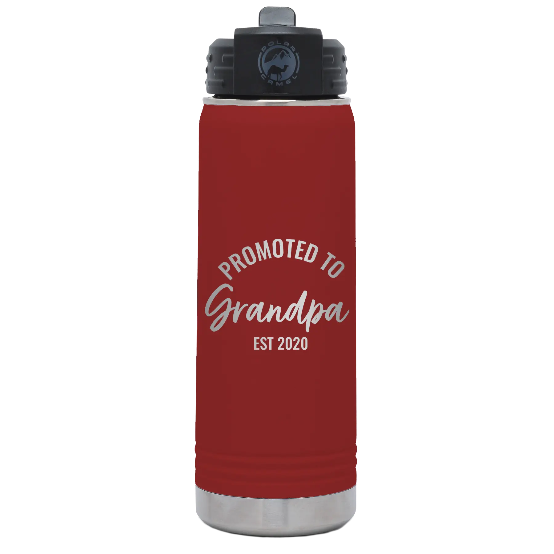 Personalized maroon 20 oz vacuum insulated water bottle with 'Promoted to Grandpa' design