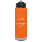 Personalized orange 20 oz vacuum insulated water bottle with 'Promoted to Grandpa' design