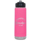 Personalized pink 20 oz vacuum insulated water bottle with 'Promoted to Grandpa' design