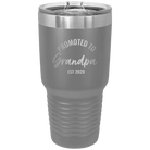 Personalized dark gray 30 oz vacuum insulated tumbler with 'Promoted to Grandpa' design