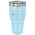 Personalized light blue 30 oz vacuum insulated tumbler with 'Promoted to Grandpa' design