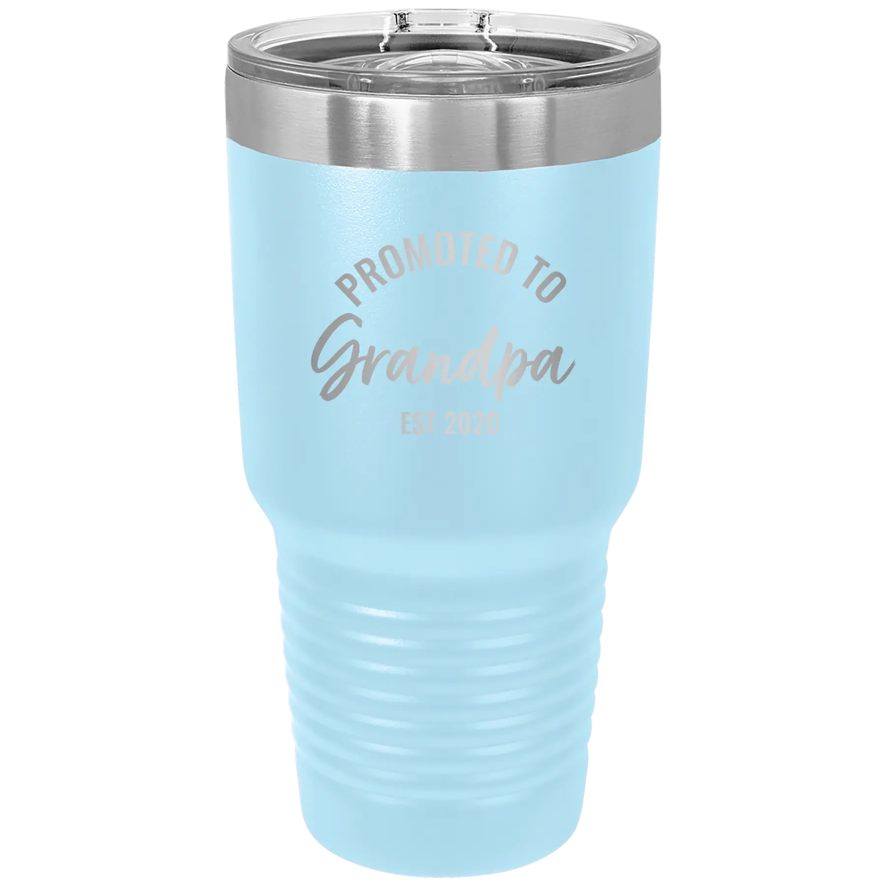 Personalized light blue 30 oz vacuum insulated tumbler with 'Promoted to Grandpa' design
