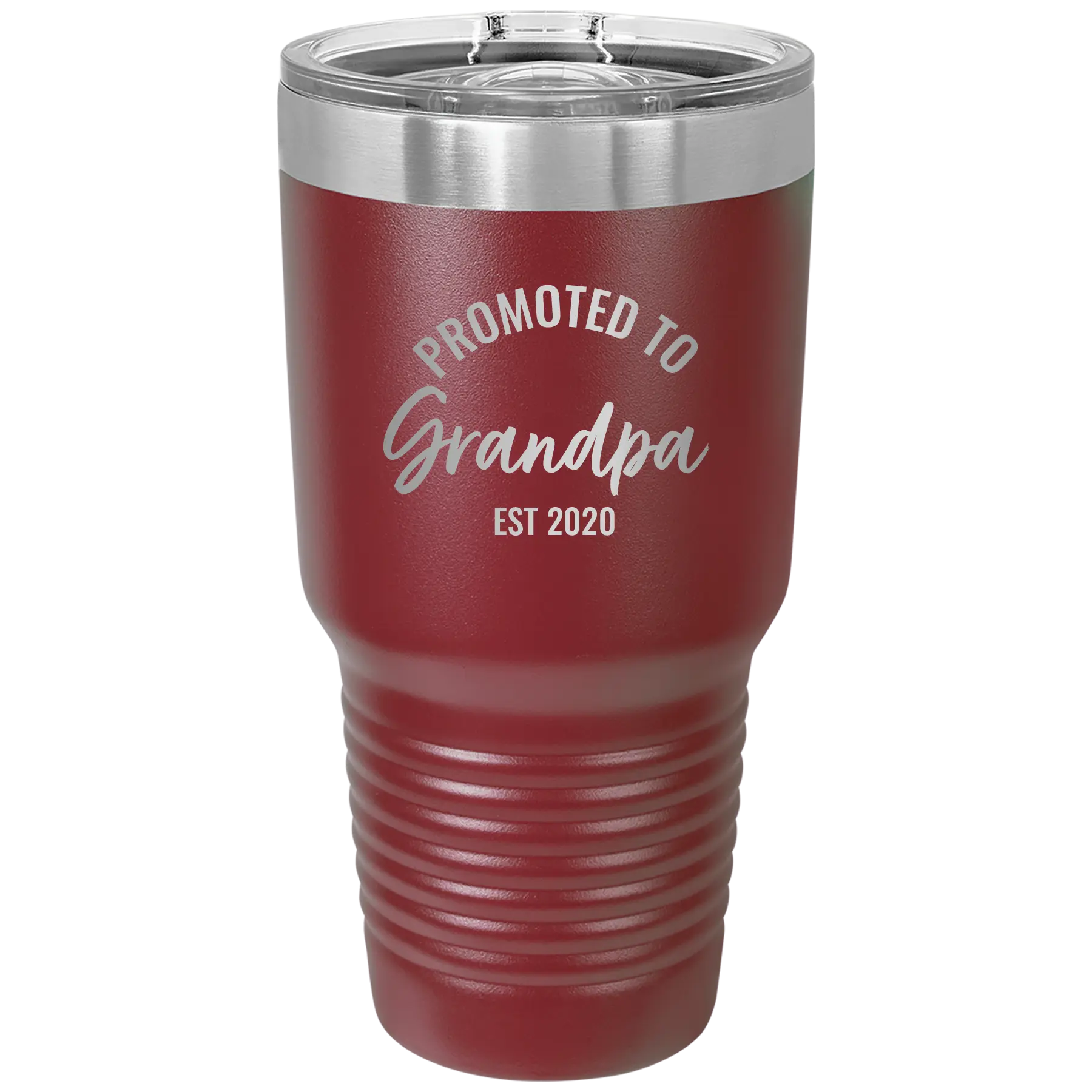 Personalized maroon 30 oz vacuum insulated tumbler with 'Promoted to Grandpa' design