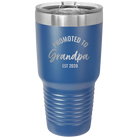 Personalized royal blue 30 oz vacuum insulated tumbler with 'Promoted to Grandpa' design