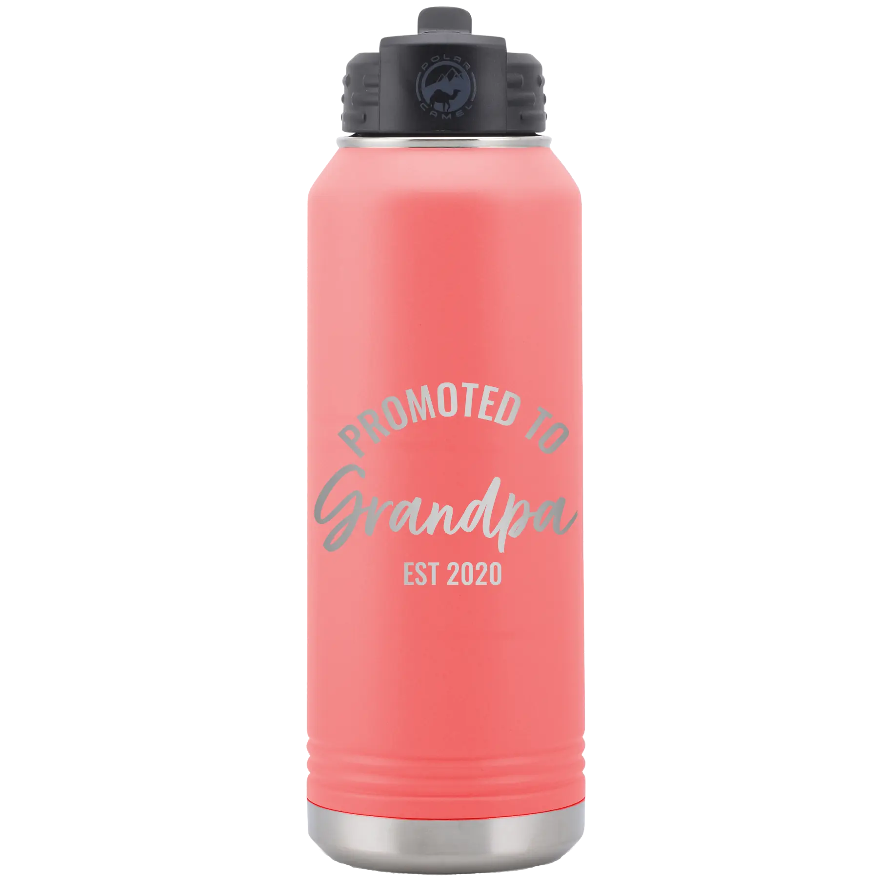Personalized coral 32 oz vacuum insulated water bottle with 'Promoted to Grandpa' design