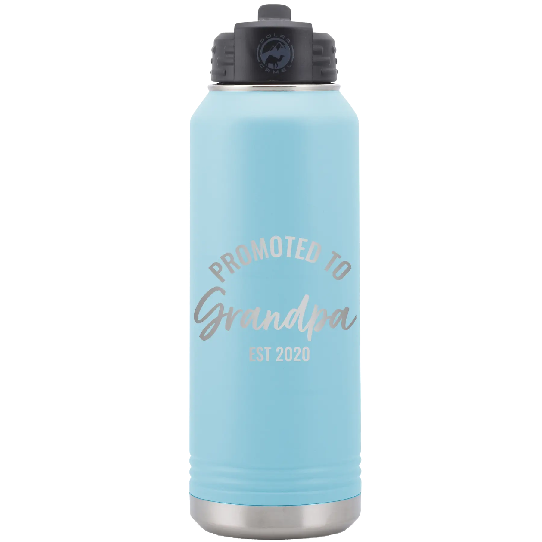Personalized light blue 32 oz vacuum insulated water bottle with 'Promoted to Grandpa' design