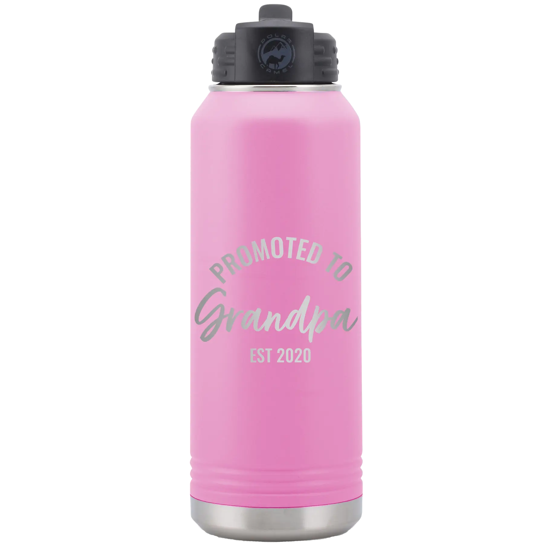 Personalized light purple 32 oz vacuum insulated water bottle with 'Promoted to Grandpa' design