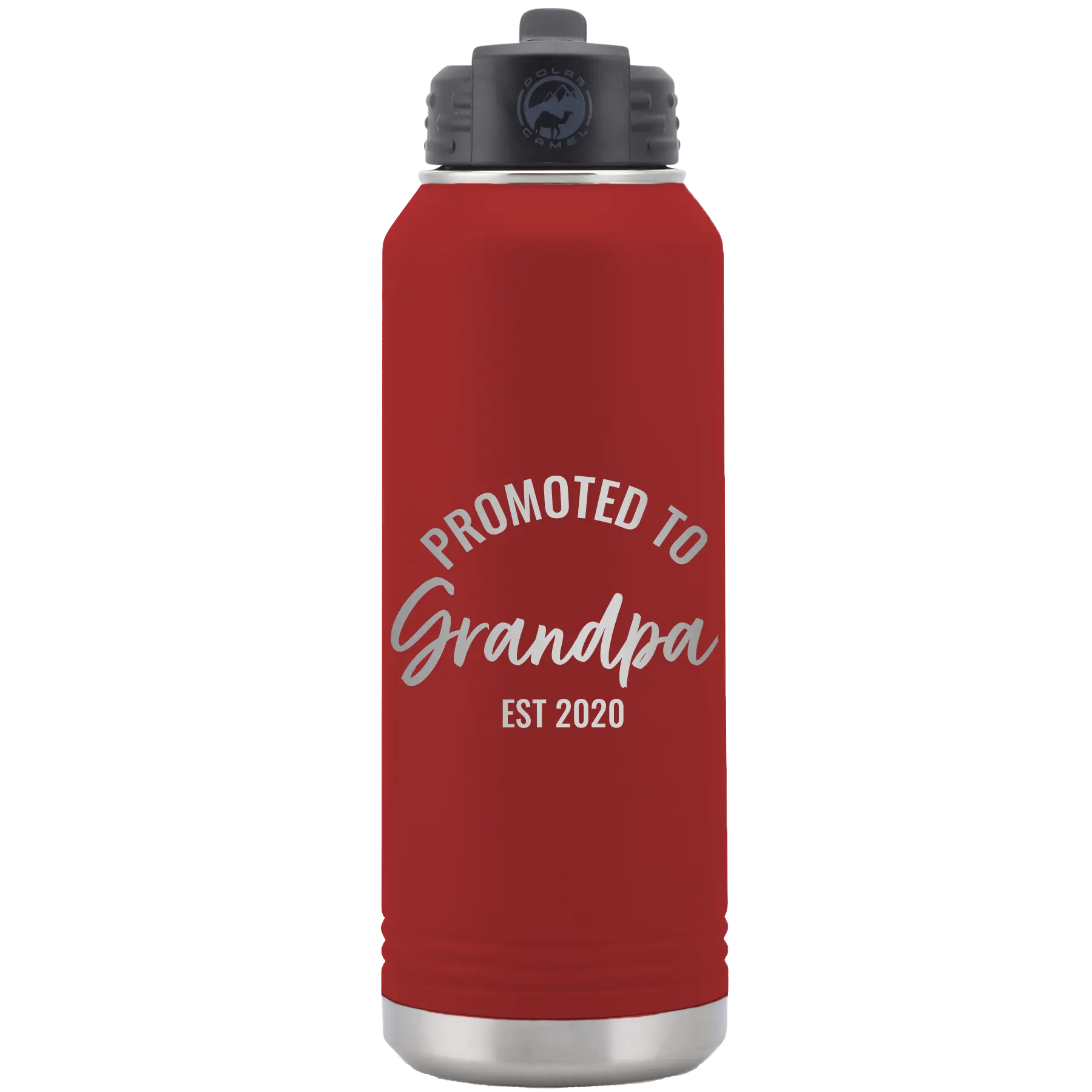 Personalized maroon 32 oz vacuum insulated water bottle with 'Promoted to Grandpa' design