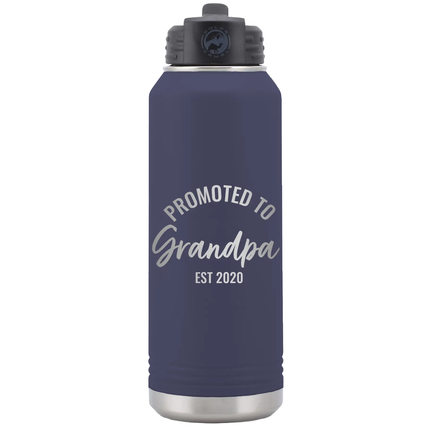 Personalized navy 32 oz vacuum insulated water bottle with 'Promoted to Grandpa' design