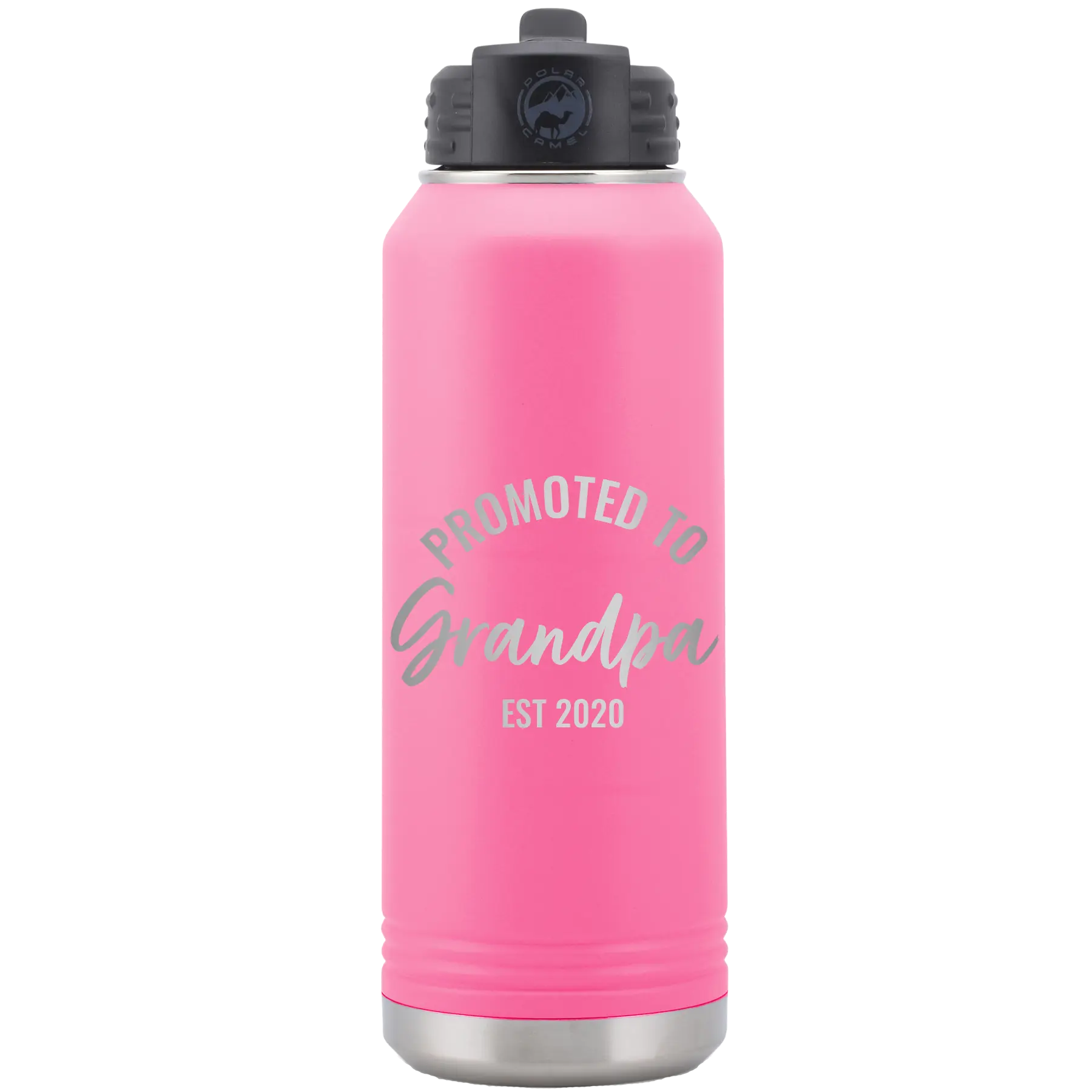 Personalized pink 32 oz vacuum insulated water bottle with 'Promoted to Grandpa' design