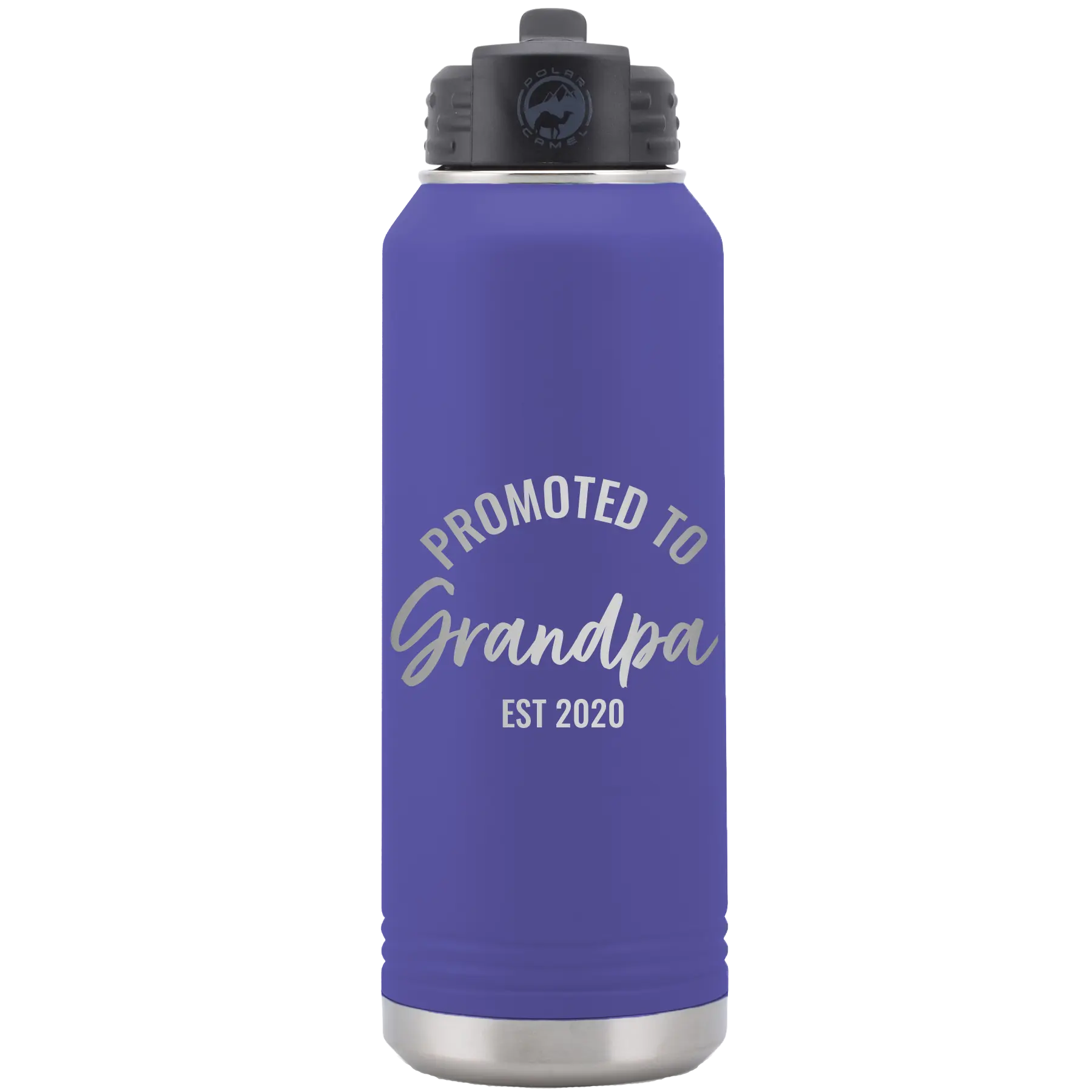 Personalized purple 32 oz vacuum insulated water bottle with 'Promoted to Grandpa' design
