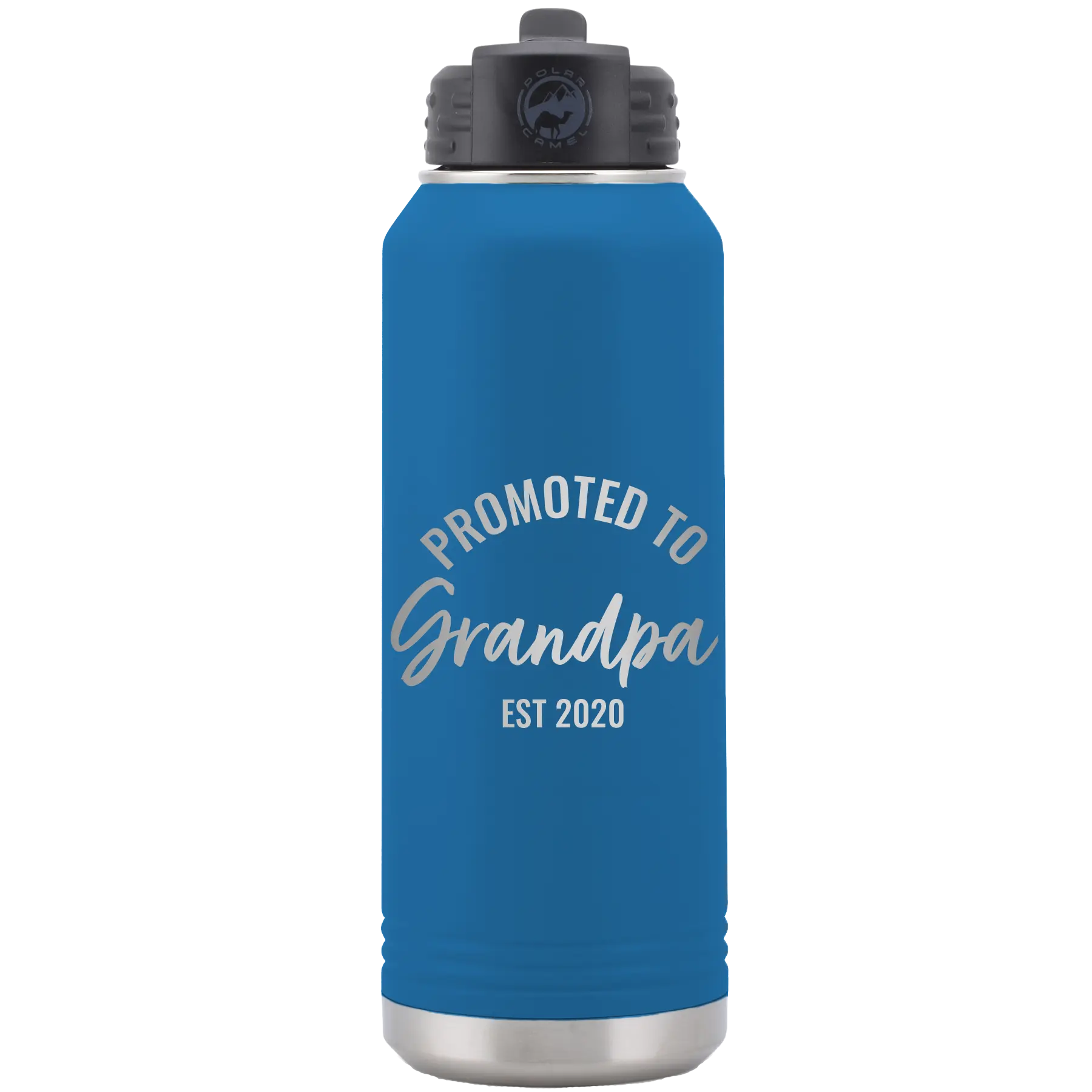 Personalized royal blue 32 oz vacuum insulated water bottle with 'Promoted to Grandpa' design