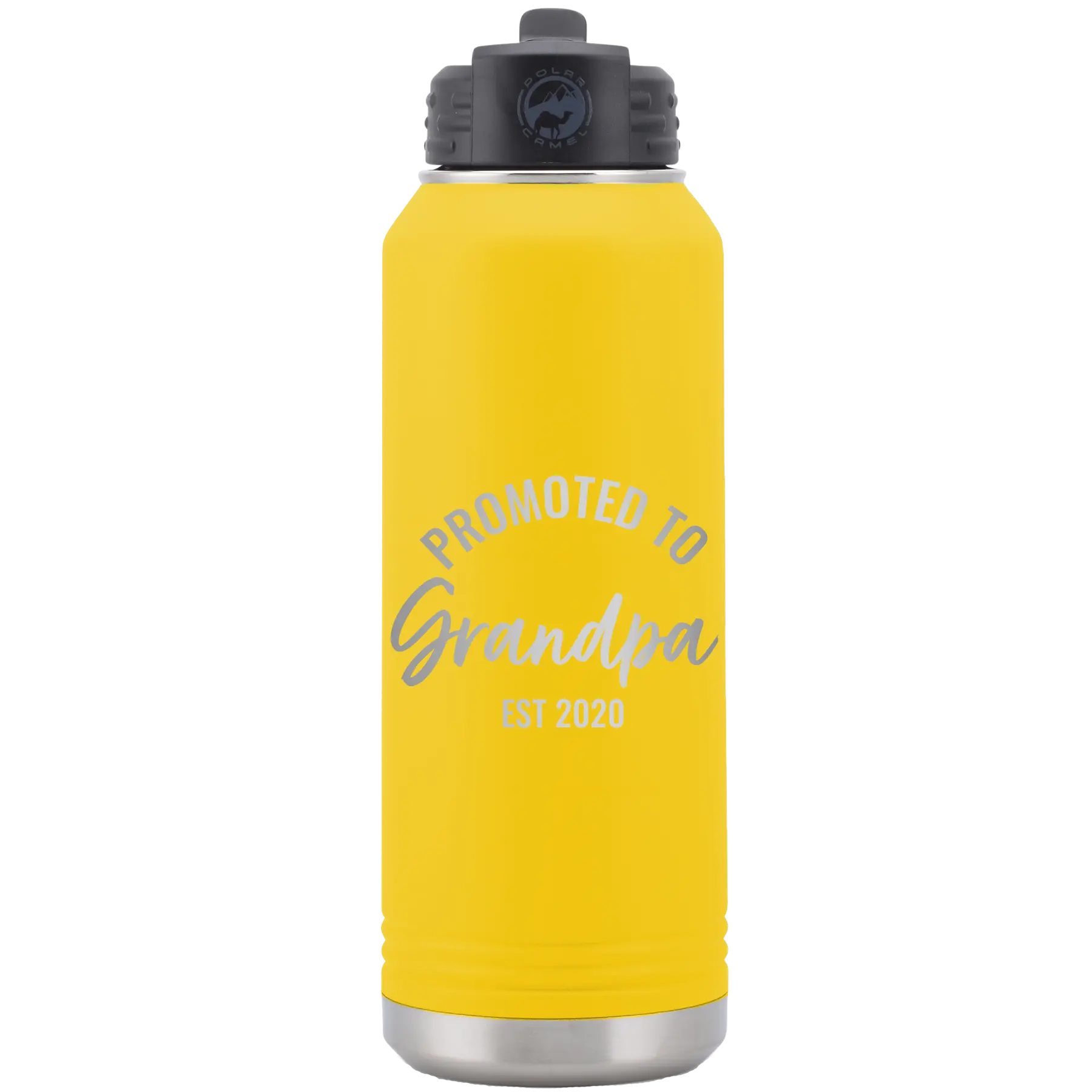 Personalized yellow 32 oz vacuum insulated water bottle with 'Promoted to Grandpa' design