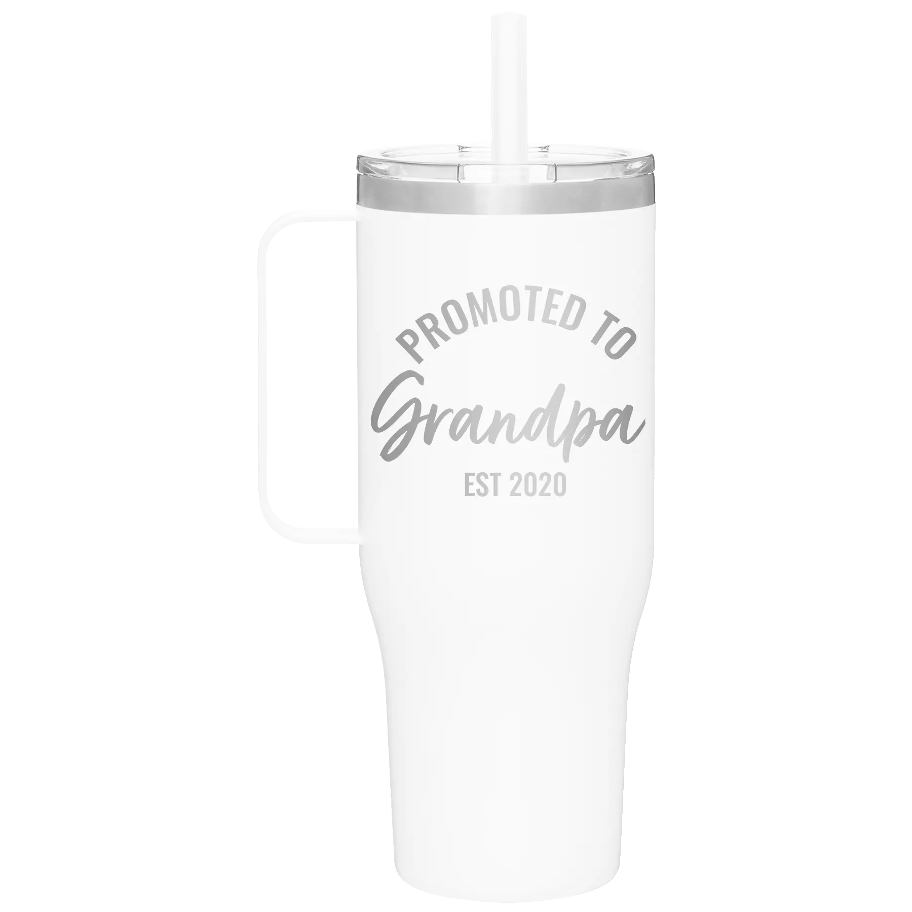 Personalized white 40 oz vacuum insulated tumbler mug with 'Promoted to Grandpa' design