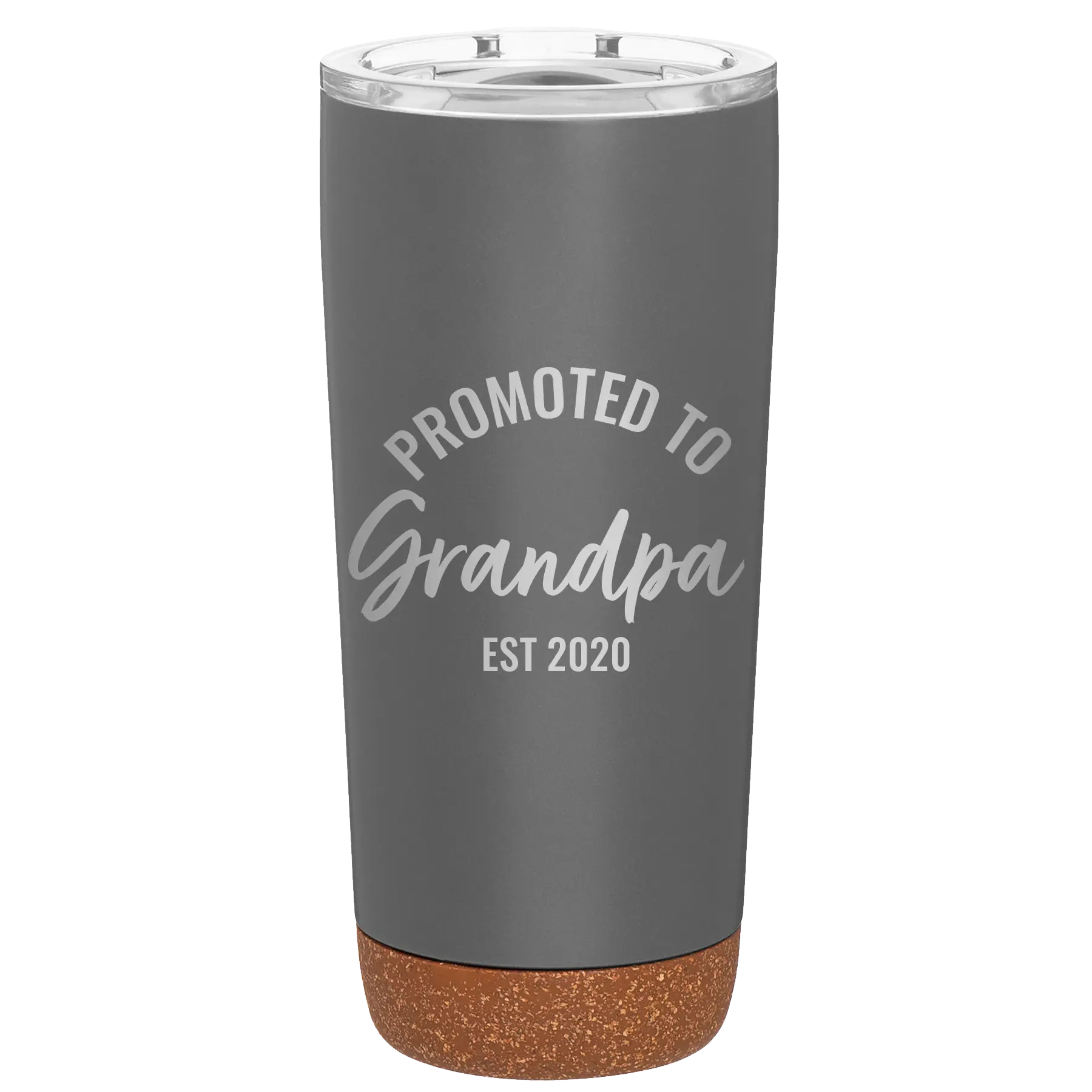 Personalized storm gray 20 oz vacuum insulated tumbler with 'Promoted to Grandpa' design