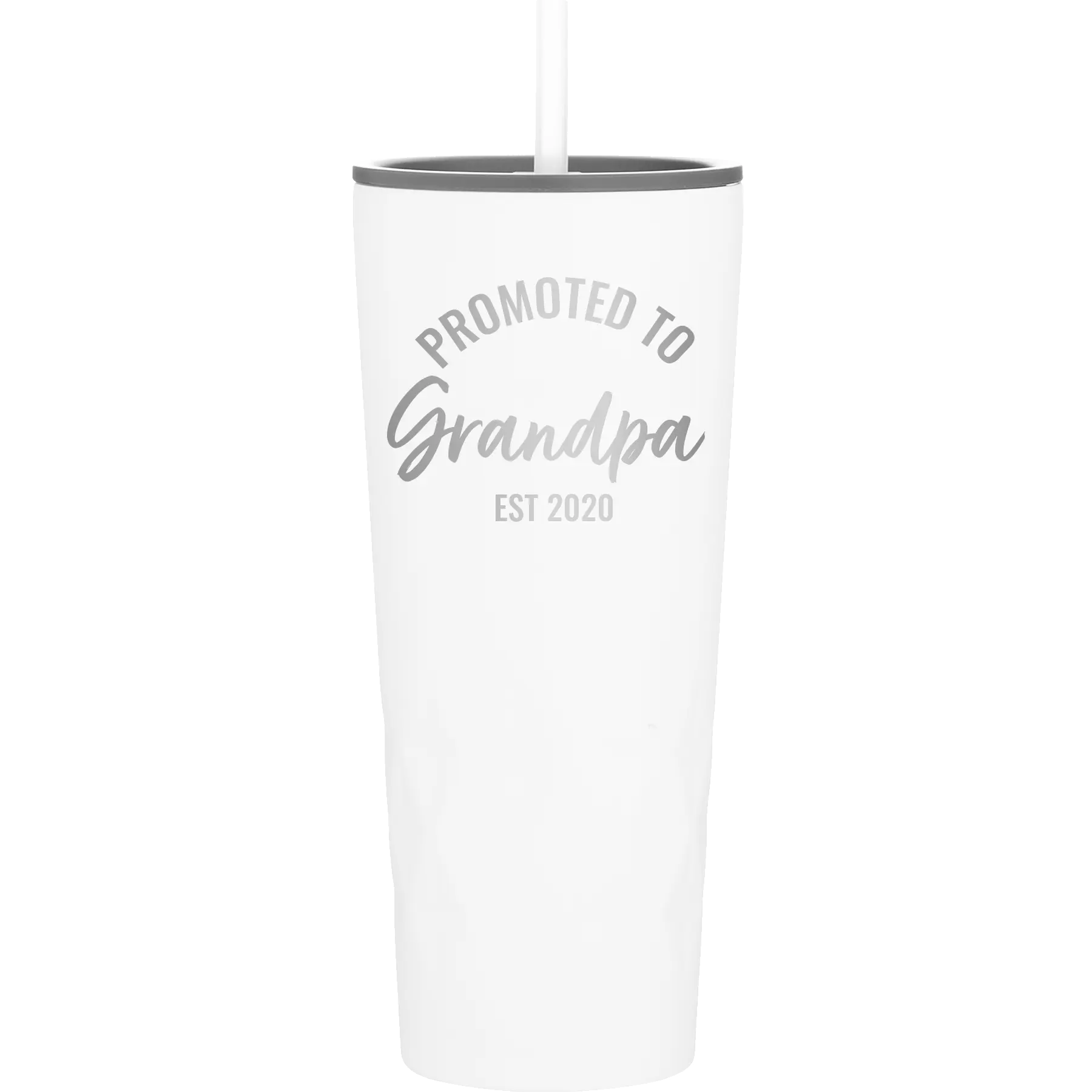 Personalized white 20 oz vacuum insulated tumbler with 'Promoted to Grandpa' design