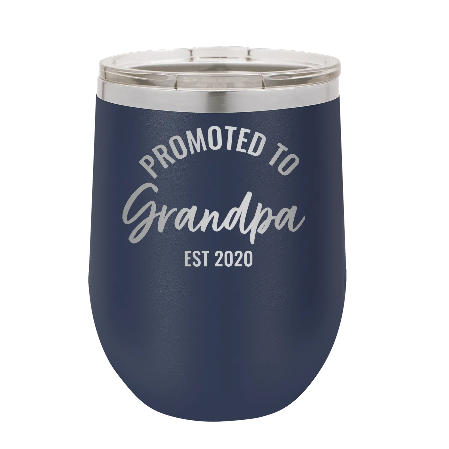 Personalized navy 12 oz vacuum insulated wine cup with 'Promoted to Grandpa' design