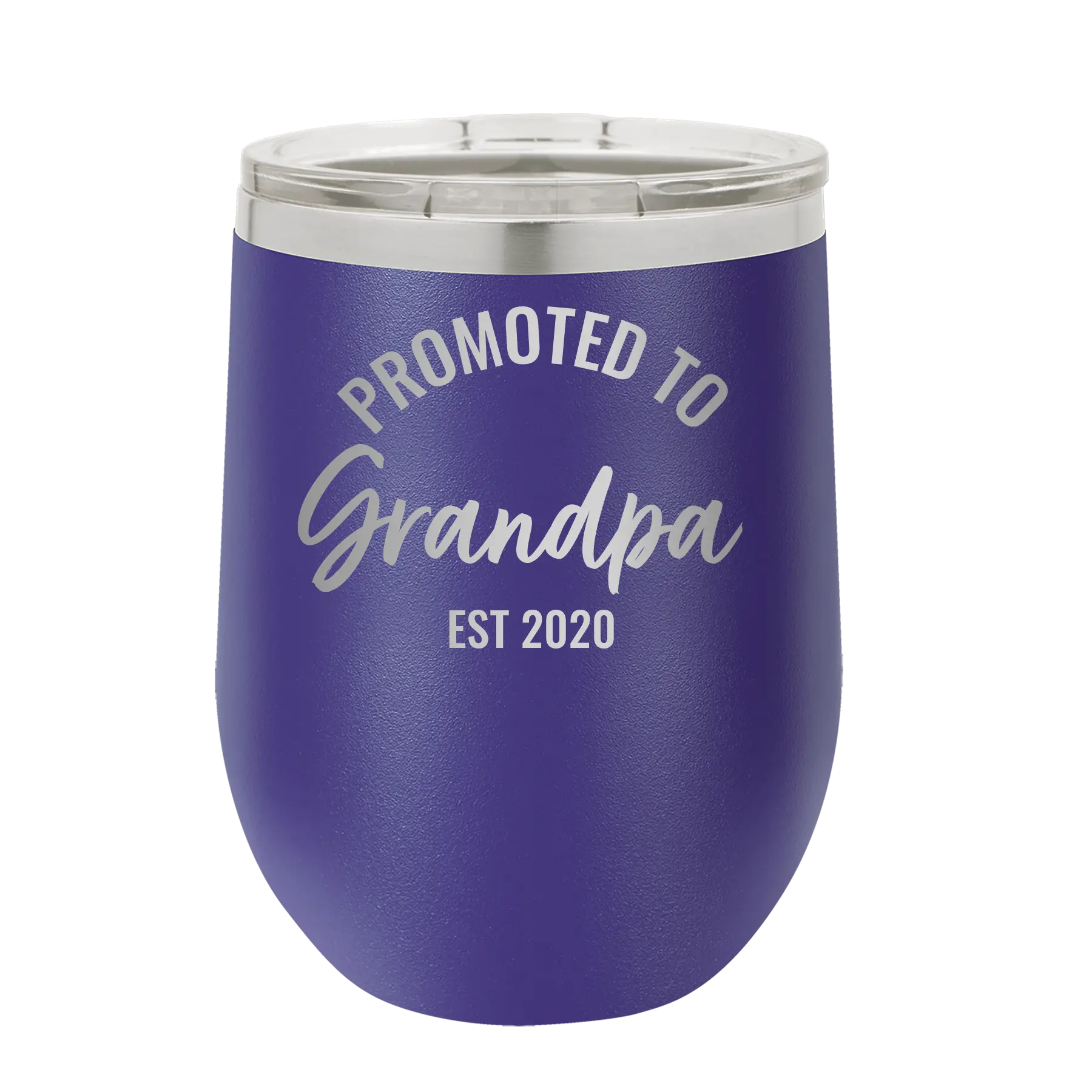 Personalized purple 12 oz vacuum insulated wine cup with 'Promoted to Grandpa' design