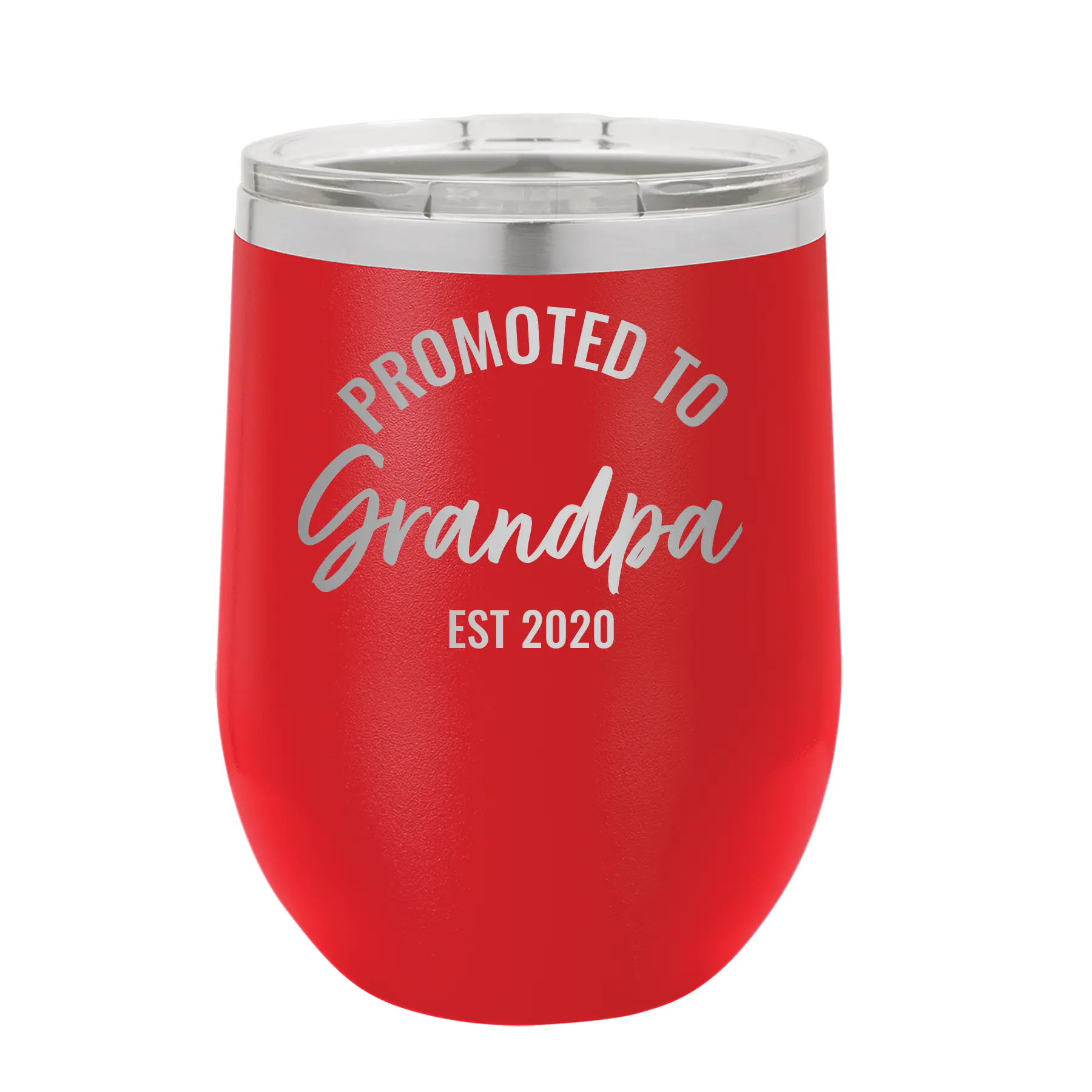 Personalized red 12 oz vacuum insulated wine cup with 'Promoted to Grandpa' design