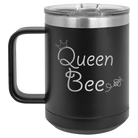Laser etched black 15 oz vacuum insulated coffee mug with 'Queen Bee' design
