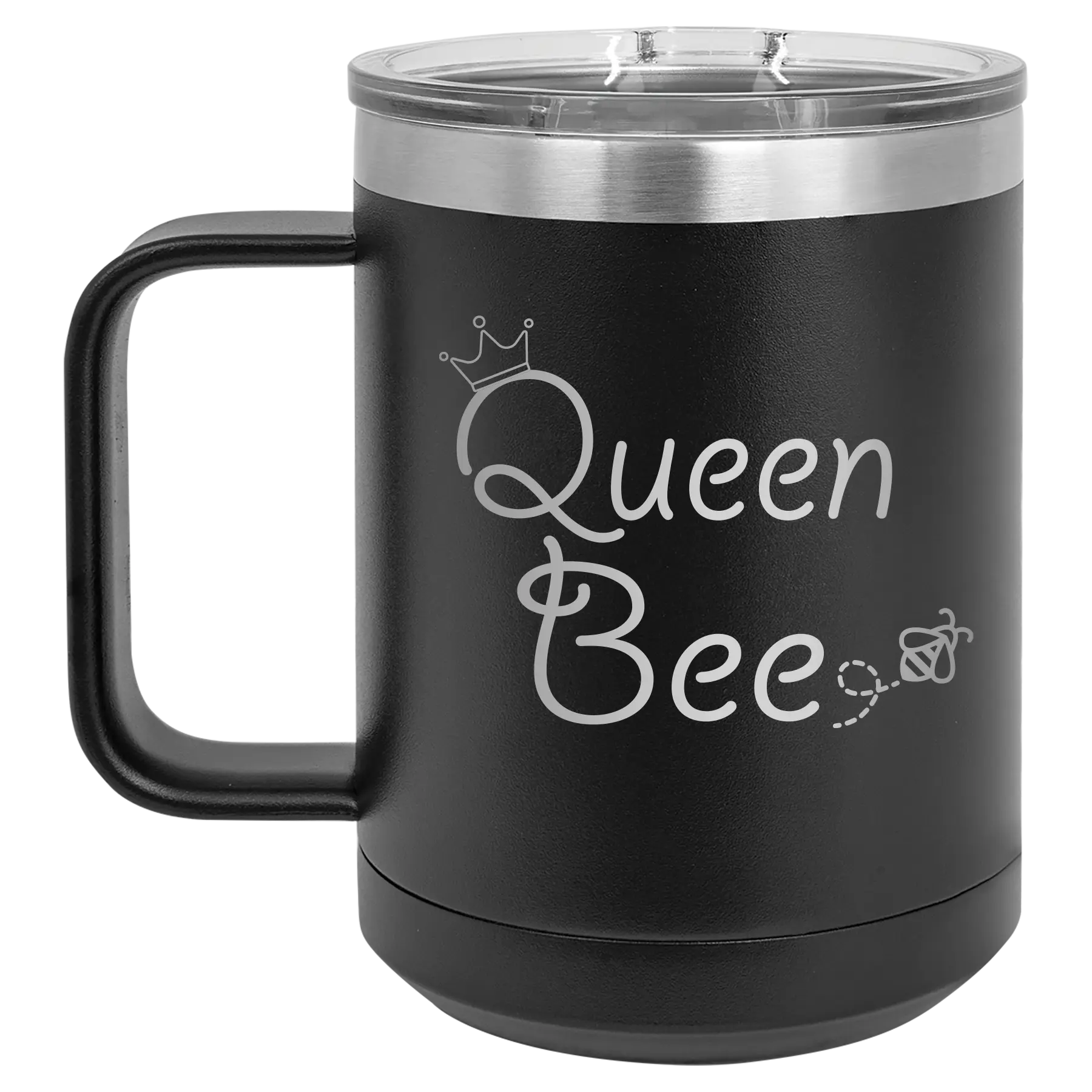Laser etched black 15 oz vacuum insulated coffee mug with 'Queen Bee' design
