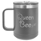 Laser etched dark gray 15 oz vacuum insulated coffee mug with 'Queen Bee' design