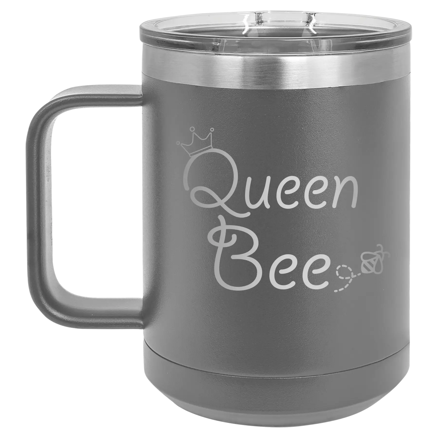 Laser etched dark gray 15 oz vacuum insulated coffee mug with 'Queen Bee' design