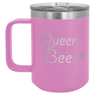 Laser etched light purple 15 oz vacuum insulated coffee mug with 'Queen Bee' design