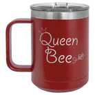 Laser etched maroon 15 oz vacuum insulated coffee mug with 'Queen Bee' design