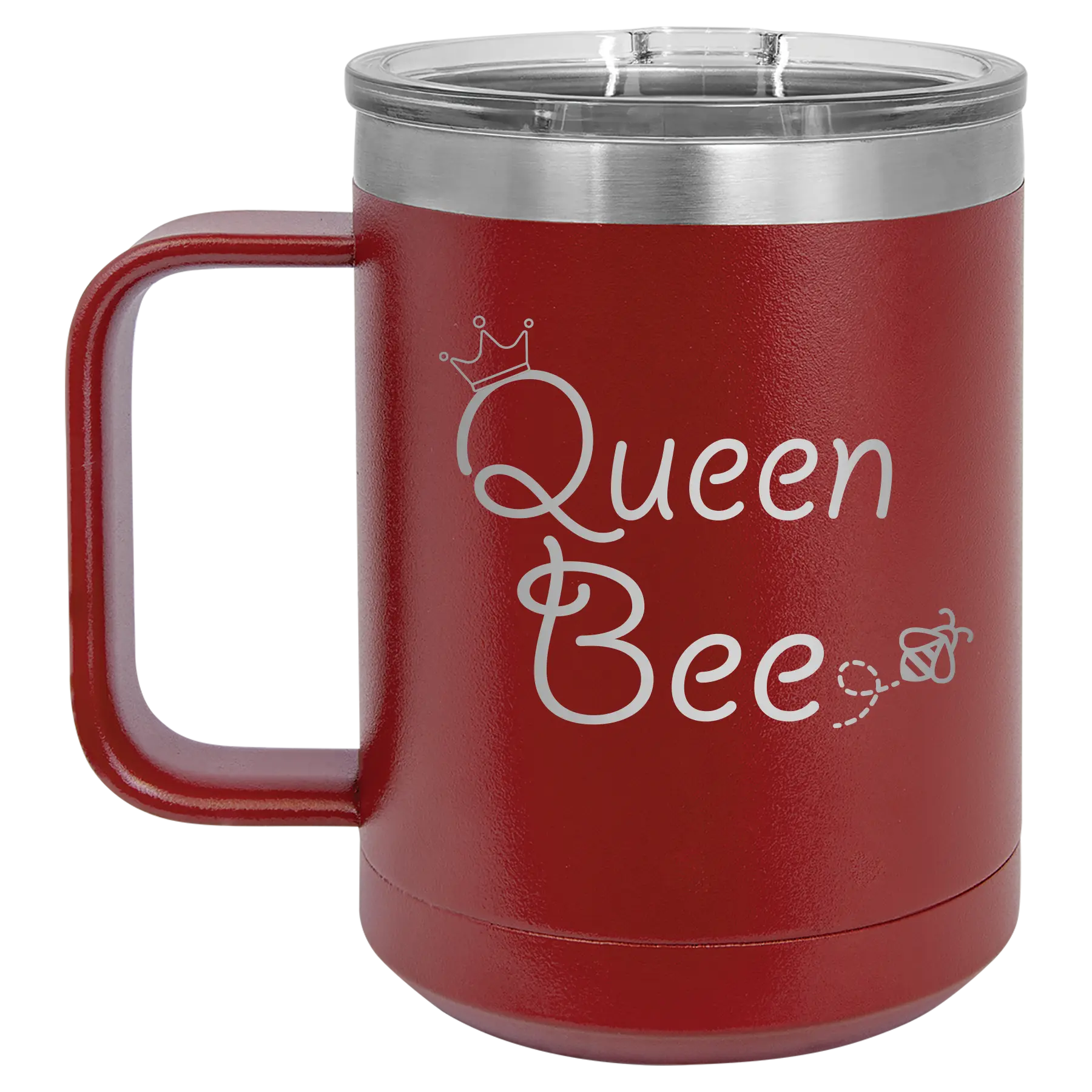 Laser etched maroon 15 oz vacuum insulated coffee mug with 'Queen Bee' design