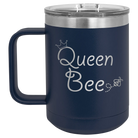 Laser etched navy 15 oz vacuum insulated coffee mug with 'Queen Bee' design