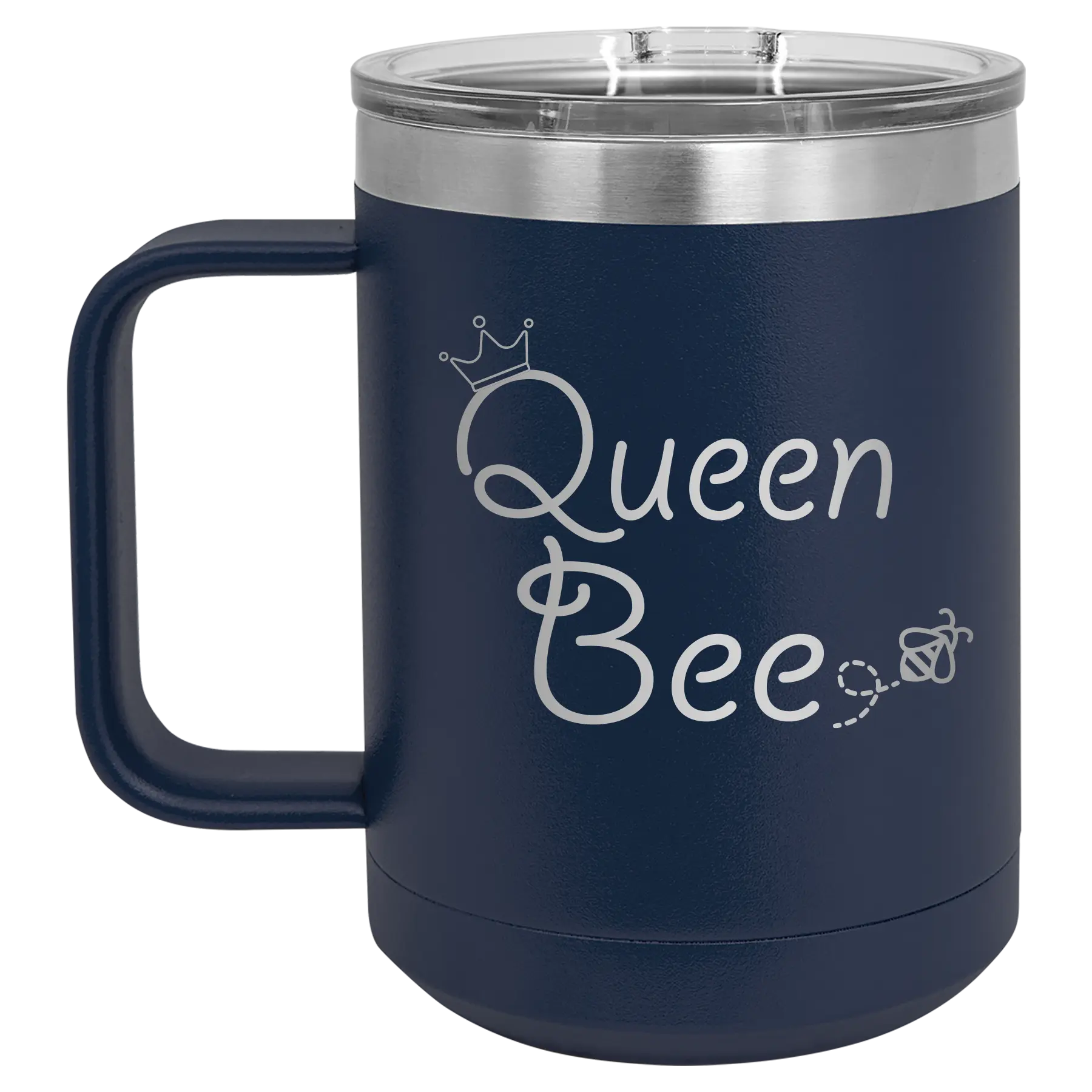 Laser etched navy 15 oz vacuum insulated coffee mug with 'Queen Bee' design