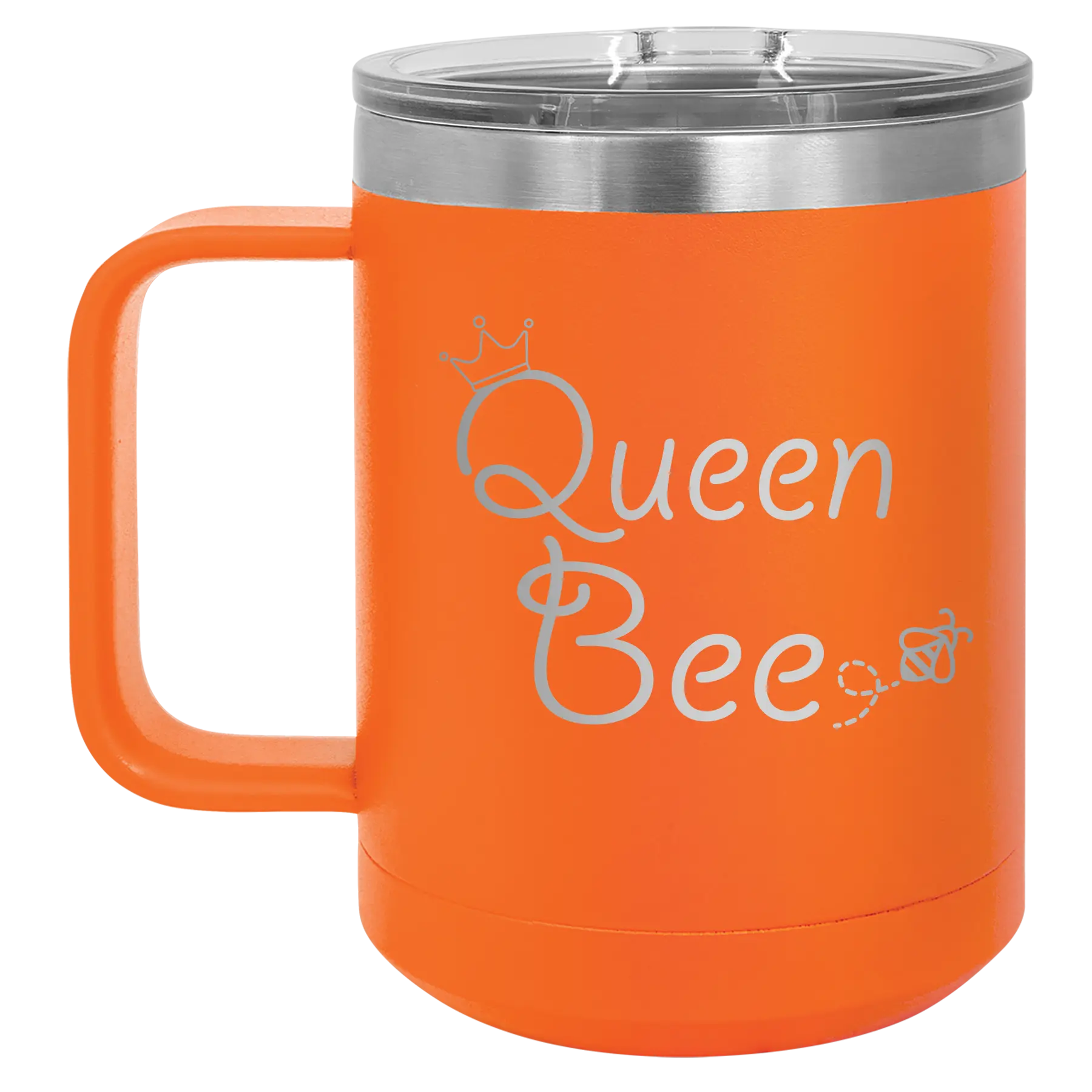 Laser etched orange 15 oz vacuum insulated coffee mug with 'Queen Bee' design