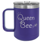Laser etched purple 15 oz vacuum insulated coffee mug with 'Queen Bee' design