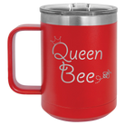 Laser etched red 15 oz vacuum insulated coffee mug with 'Queen Bee' design