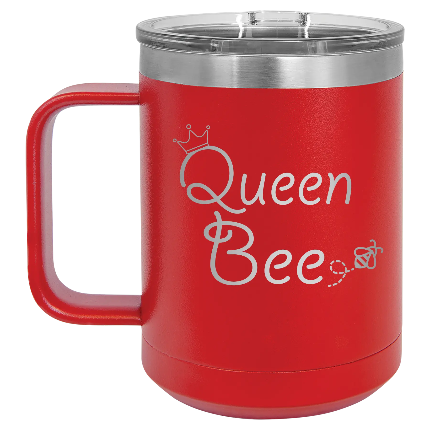 Laser etched red 15 oz vacuum insulated coffee mug with 'Queen Bee' design