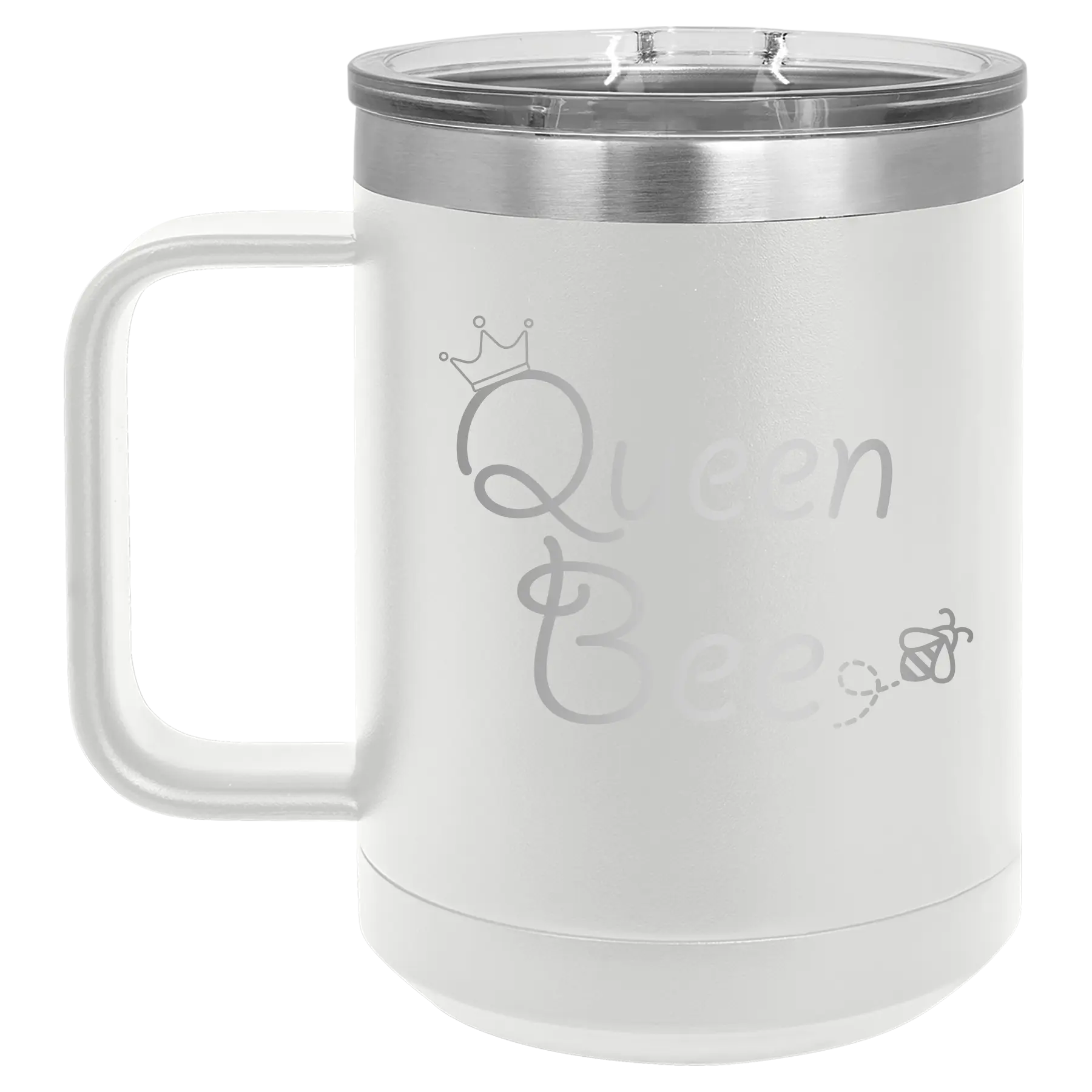 Laser etched white 15 oz vacuum insulated coffee mug with 'Queen Bee' design