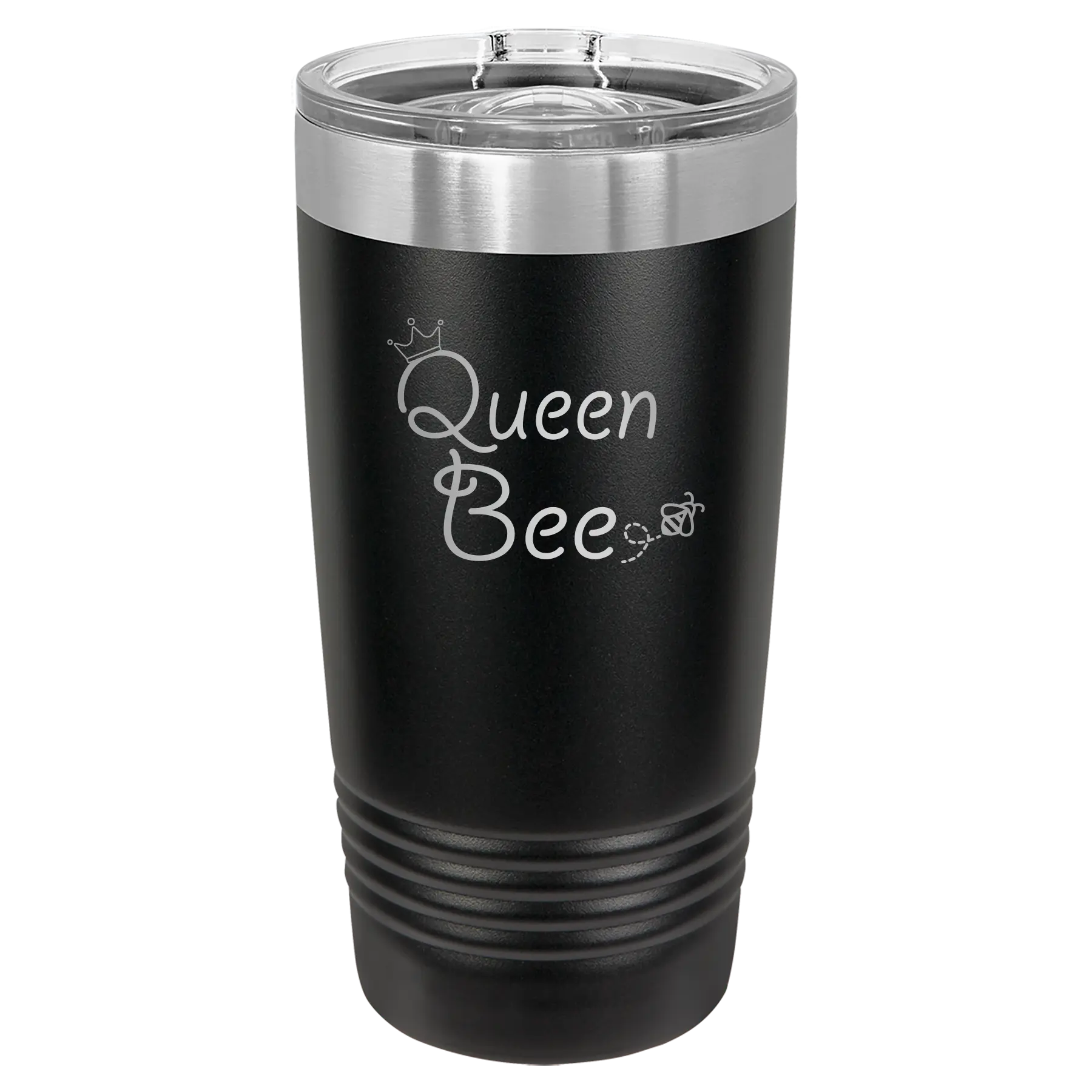 Laser etched black 20 oz vacuum insulated tumbler with 'Queen Bee' design
