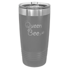 Laser etched dark gray 20 oz vacuum insulated tumbler with 'Queen Bee' design