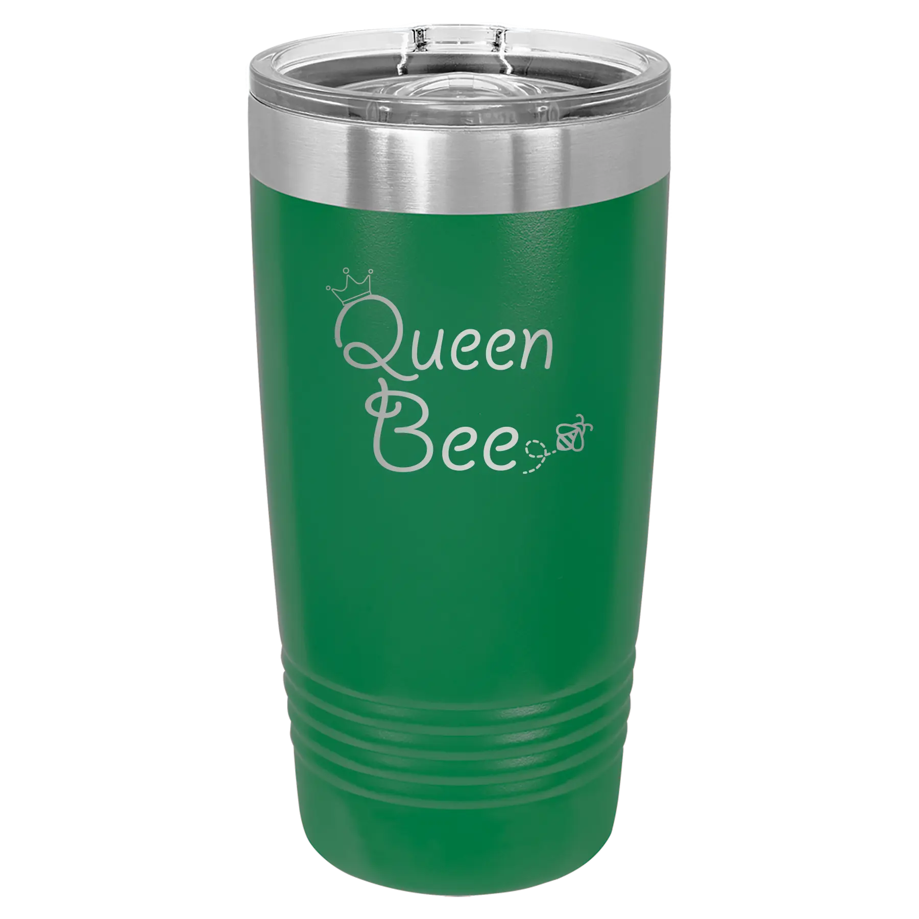 Laser etched green 20 oz vacuum insulated tumbler with 'Queen Bee' design