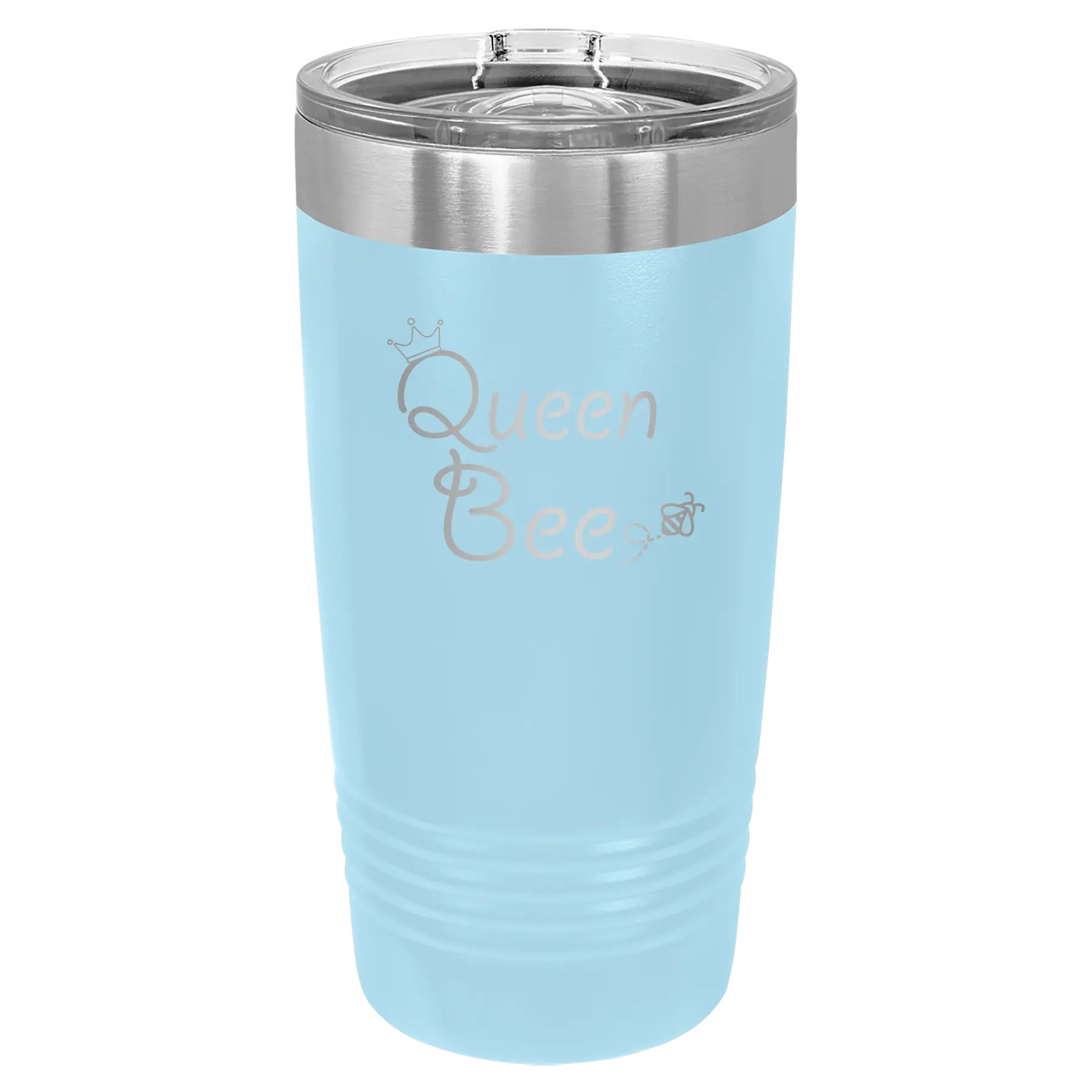 Laser etched light blue 20 oz vacuum insulated tumbler with 'Queen Bee' design